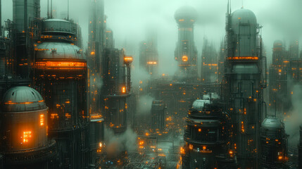Poster - futuristic factory with robots and illuminated lights in a high-tech industrial cityscape at night
