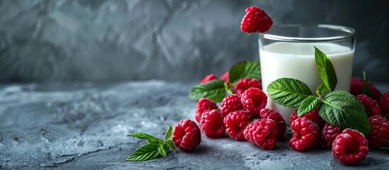 Fresh cow s milk and ripe organic raspberries with leaves on a grey background with ample copy space