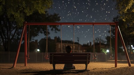 Wall Mural - a child sitting on a bench in an empty playground gazing at the stars as the swings sway gently in t