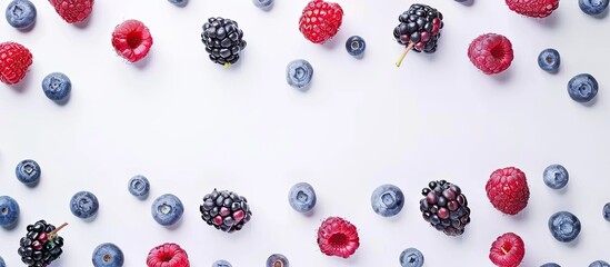 Poster - Various fresh berries arranged on a white background in a flat lay style Room for text. Copy space image. Place for adding text and design