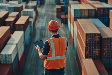 Business manager using tablet for global shipping and logistics management solutions