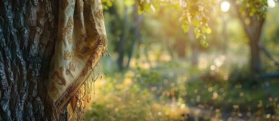 Poster - Artisanal and crafted Detailed hand knotted cotton fabric adornment hanging from a tree in a natural setting. Copy space image. Place for adding text and design