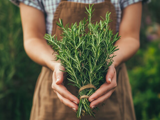 A woman is holding a bunch of fresh herbs, including rosemary, in her hands