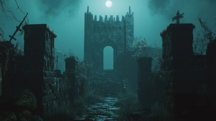 Poster - A Stone Pathway Leading to a Ruined Stone Tower Underneath a Full Moon