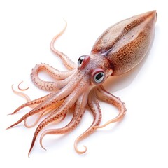 Wall Mural - A squid rests elegantly on a white surface, displaying its vibrant colors and intricate patterns