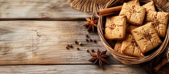 Canvas Print - Basket filled with delicious biscotti cookies and spices on a light wooden surface. Copy space image. Place for adding text and design