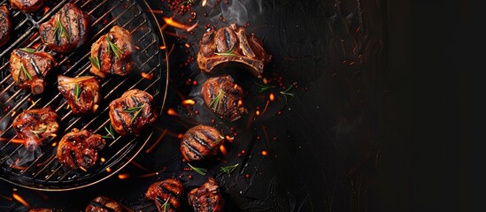 Poster - meat BBQ grill pork delicious and nutritious food menu idea background top view copyspace