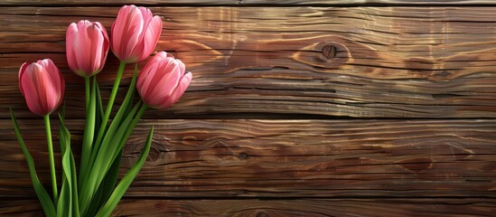 Poster - Lovely pink tulips on a wooden background. Copy space image. Place for adding text and design