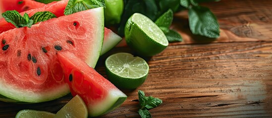 Wall Mural - Watermelon mint and lime with copyspace on a wooden surface