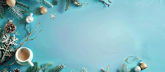 Wall Mural - Christmas creative arrangement Innovative layout featuring fir tree branches ornaments and a white cup on a blue background Flat lay top view copy space Holiday theme