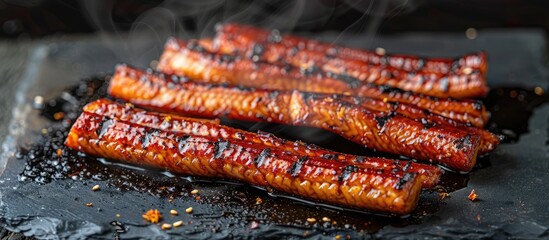 Canvas Print - Frozen glazed grilled eel. Copy space image. Place for adding text and design