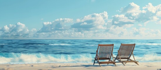 Wall Mural - Two beach chairs beside the ocean summer backdrop. Copy space image. Place for adding text and design