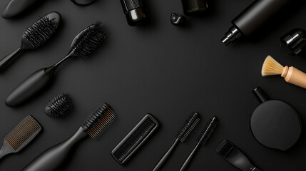 “Composition featuring hairdressing accessories and a spray bottle arranged on a black background. The design highlights professional tools and products, creating a sleek and modern aesthetic.”