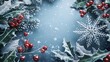 © Ytnart - A charming winter scene featuring holly leaves, red berries, and delicate snowflakes, perfect for holiday-themed designs.
