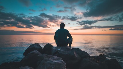 Silhouette of man sitting on rocks looking out at the sea during a sunset