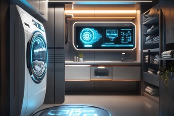 Futuristic laundry room showcasing advanced washing machine with holographic technology interfaces