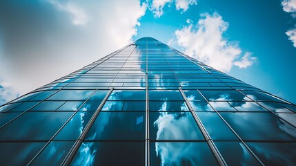 Wall Mural - A slightly enlarged, high-definition image of a sleek, modern office building with glass facades reflecting the bright sky.