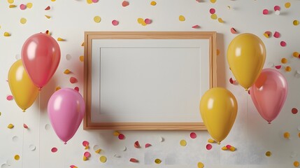 Wall Mural - Blank Wooden Frame with Colorful Balloons and Confetti, Party Celebration Background, Minimalist Design, Copyspace for Text, Ideal for Banners or Event Promotions
