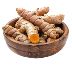 Wall Mural - Fresh turmeric roots are lying in a wooden bowl, isolated on a white background