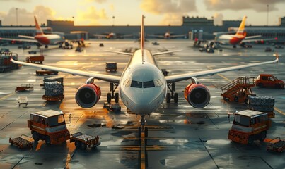 Airport. Ground support vehicles surrounding an airplane. Baggage carts, fuel trucks and maintenance vehicles