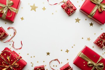 Elegant flat lay of red gift boxes and golden stars on a white background for holiday decor