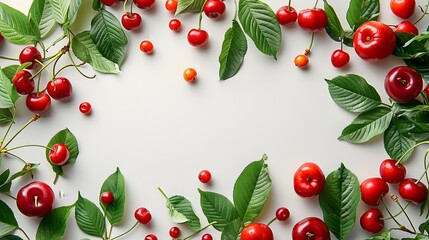 Fresh Cherries with Green Leaves on Light Background, Minimalist Fruit Photography, Copyspace for Text, Vibrant Red and Green Colors, Top View
