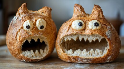 Two Bread Loaves with Monster Faces Made of Bread, Eyes, and Chocolate Chips