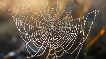 Sticker - Dew-Covered Spider Web in Sunlight