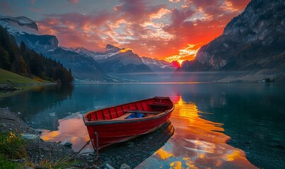 Boat on the shore of Lake Oeschinensee in Switzerland during a dramatic sunset reflection