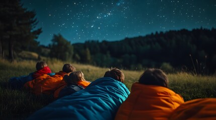 Wall Mural - a group of children at a summer camp lying in sleeping bags watching the stars twinkle above.