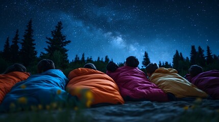 Wall Mural - a group of children at a summer camp lying in sleeping bags watching the stars twinkle above.
