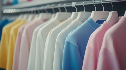 Colorful display of T-shirts hanging in a clothing store featuring various pastel shades