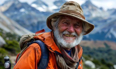 Elderly hiker with a smile on a mountain adventure