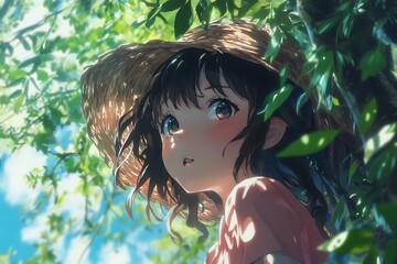 Canvas Print - Anime girl with green eyes and brown hair wearing a straw hat and pink dress surrounded by green leaves