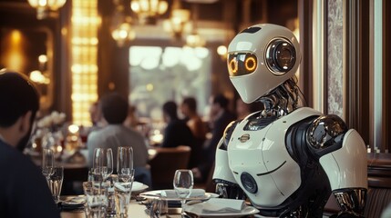 Canvas Print - A humanoid robot sits at a restaurant table, looking at a customer.