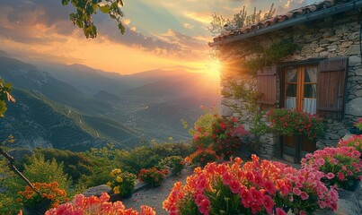 Wall Mural - Flowers blooming at sunset. Stone house on a mountain with a small courtyard