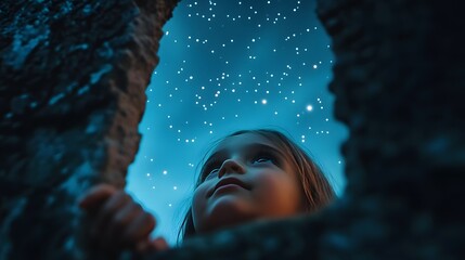 Wall Mural - children in a backyard fort peeking out through an opening gazing at the vast starry sky above.