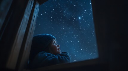 Wall Mural - children in a backyard fort peeking out through an opening gazing at the vast starry sky above.