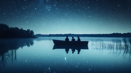 Wall Mural - children in a small boat on a lake gazing at the stars and their reflection in the still water.