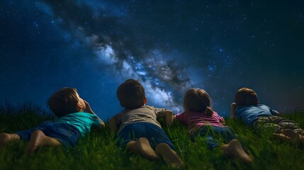 Wall Mural - a group of kids lying on a grassy field looking up at the milky way above.