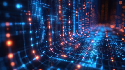 Fototapete - A glowing blue and orange tunnel symbolizes data transmission and connectivity