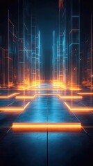 Poster - A vibrant corridor of light featuring glowing orange lines and blue tones, creating a futuristic atmosphere