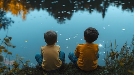 Wall Mural - children sitting by a pond looking at the reflection of the starry sky on the waters surface.