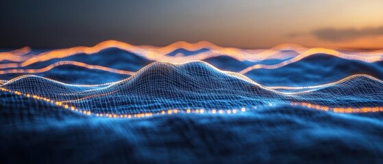 Poster - A vibrant digital landscape reveals glowing lines and hills against a sunset backdrop, creating a mesmerizing effect