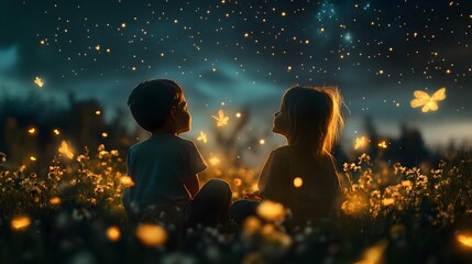 Wall Mural - children sitting in a field of wildflowers surrounded by fireflies as they gaze up at the stars.