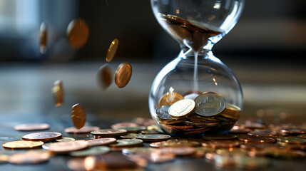 Wall Mural - an hourglass filled with coins instead of sand. The coins are mostly gathered at the bottom, with some still falling from the top