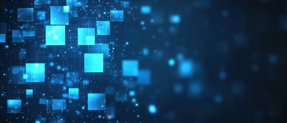 Fototapete - Glowing blue squares scatter across a dark background, creating an abstract and modern digital atmosphere