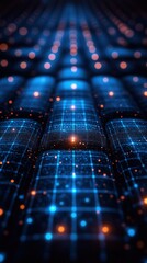 Fototapete - Futuristic landscape of bright blue grids and glowing particles highlights technology and advancement