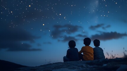 Wall Mural - children sitting on a hilltop marveling at the stars and talking about space and galaxies.