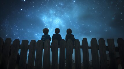 Wall Mural - children sitting on an old wooden fence gazing at the stars and whispering excitedly about space.